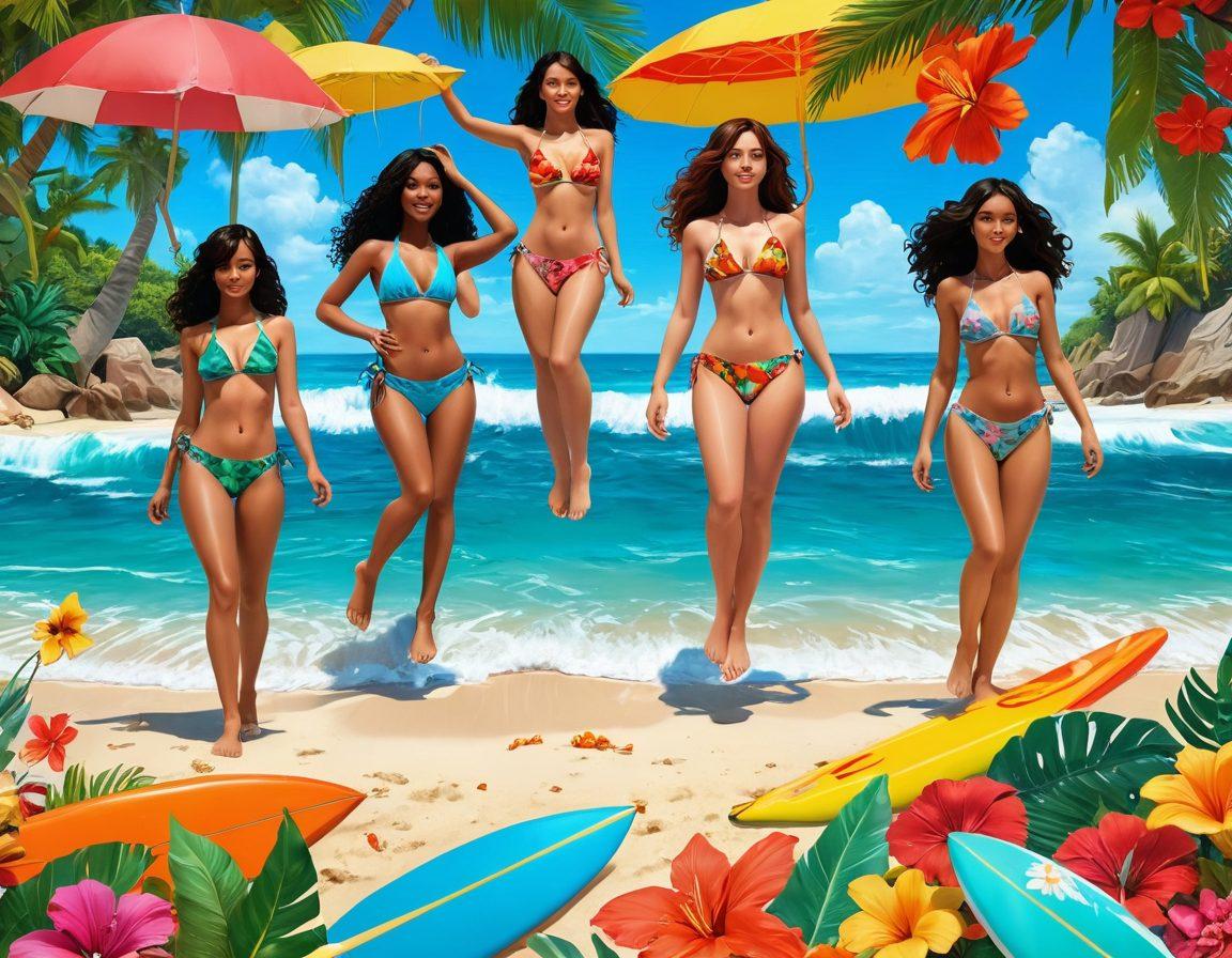 A vibrant beach scene featuring an array of characters in playful, trendy swimwear styles, showcasing various colorful bikinis inspired by hentai art and animation. The atmosphere is filled with whimsical ocean waves and sunny skies, adorned with surreal elements, such as oversized surfboards and tropical flowers. Include diverse body types to celebrate inclusivity while capturing a sense of fun and allure. The characters should exude confidence and joy as they interact in this imaginative setting. vibrant colors. 3D. cartoon style.