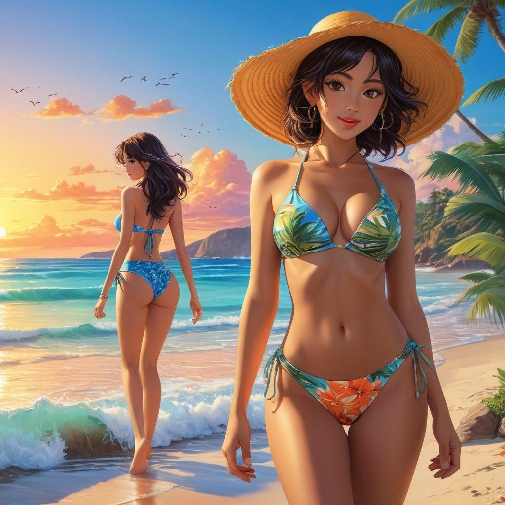 A vibrant beach scene featuring stylish bikini-clad characters inspired by anime, showcasing a variety of eye-catching designs and colors. The characters embody a sense of joy and allure, with playful poses and dynamic expressions, set against a bright blue ocean and sunny sky. Include elements like tropical palm trees, beach accessories, and a picturesque sunset in the background to evoke a sense of adventure. The overall mood should be inspiring and energizing, appealing to fans of both anime and fashion. super-realistic. vibrant colors. beach vibe.